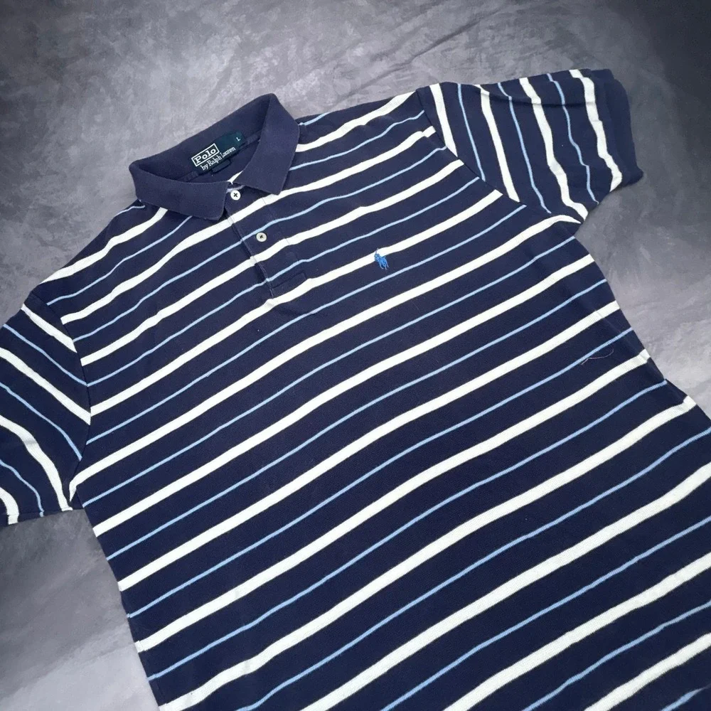 Polo Ralph‎ Lauren Striped Polo Shirt Mens Large Navy Blue White Y2K 90s Relaxed